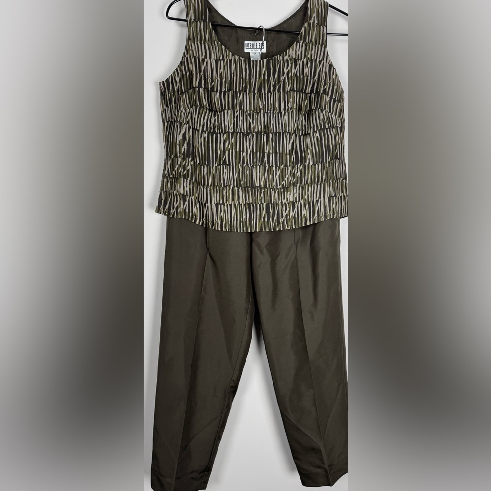 Vintage Robbie Bee 2 Piece Silk Pant Set Olive Abstract Petite 6P